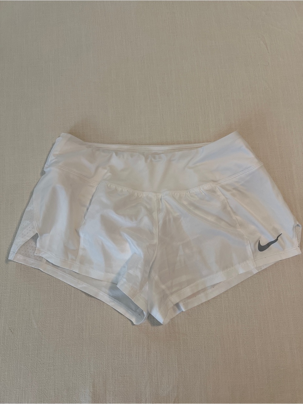 Nike White Athletic Running Shorts with Grey Swoosh